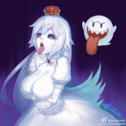 Rule 34 | 1girl, aura, black sclera, boo (mario), breast hold, breasts, choker, cleavage, colored sclera, colored skin, crossed arms, crown, dress, elbow gloves, eyelashes, frilled dress, frills, gem, ghost, gloves, highres, large breasts, long hair, long tongue, looking at viewer, luigi&#039;s mansion, mario (series), new super mario bros. u deluxe, nintendo, open mouth, pale skin, princess king boo, puffy short sleeves, puffy sleeves, purple eyes, red eyes, short sleeves, solo focus, squidsmith, super crown, tongue, tongue out, very long hair, white dress, white gloves, white hair, white skin
