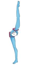 Rule 34 | 1girl, barefoot, blue hair, blush, colored skin, commentary, full body, hair ornament, highres, leg up, nose blush, parted lips, ryusei (ryusei b), shiteyan&#039;yo, simple background, solo, split, standing, standing on one leg, standing split, twintails, vocaloid, white background, white skin