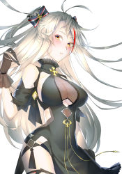 Rule 34 | 1girl, alternate costume, antenna hair, artist request, azur lane, black dress, black gloves, blush, breasts, commentary request, dress, eyelashes, floating hair, gloves, hair between eyes, hair ribbon, highres, large breasts, long hair, looking at viewer, multicolored hair, parted lips, prinz eugen (azur lane), prinz eugen (cordial cornflower) (azur lane), red hair, ribbon, sidelocks, silver hair, simple background, solo, standing, streaked hair, teeth, two side up, very long hair, white background, yellow eyes