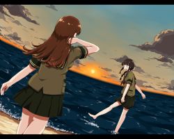 Rule 34 | 10s, 2girls, any (lucky denver mint), bare legs, barefoot, beach, black hair, blouse, blue eyes, blunt bangs, braid, brown hair, brown skirt, cloud, cloudy sky, cowboy shot, dutch angle, from behind, hand in own hair, hand up, highres, kantai collection, kitakami (kancolle), letterboxed, long hair, multiple girls, neckerchief, ocean, ooi (kancolle), open mouth, outdoors, pleated skirt, pouch, sand, school uniform, serafuku, shirt, short sleeves, single braid, skirt, sky, sleeve cuffs, smile, standing, sun, sunset, wading, walking, water