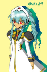 Rule 34 | 00s, 1girl, character name, galaxy angel, green hair, high ponytail, long hair, ponytail, red eyes, simple background, solo, tagme, vanilla h, yellow background