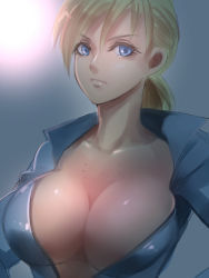 Rule 34 | 1girl, blonde hair, blue eyes, bodysuit, breasts, cleavage, closed mouth, jill valentine, large breasts, looking at viewer, medium hair, nagare, ponytail, resident evil, resident evil 5, simple background
