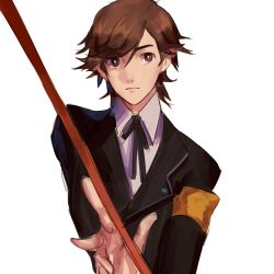 Rule 34 | 1boy, amada ken, apticho, armband, brown hair, closed mouth, highres, holding, holding weapon, looking to the side, male focus, persona, persona 4: the ultimate in mayonaka arena, persona 4: the ultimax ultra suplex hold, school uniform, simple background, solo, upper body, weapon, white background, white theme