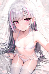 Rule 34 | 1girl, absurdres, armpits, asumi sena, bare arms, bare shoulders, bikini, breasts, closed mouth, earrings, garter belt, highres, jewelry, long hair, looking at viewer, multicolored hair, navel, pink eyes, side-tie bikini bottom, sitting, small breasts, smile, solo, stomach, streaked hair, string bikini, sugiki, swimsuit, thighhighs, thighs, veil, very long hair, virtual youtuber, vspo!, white bikini, white hair, white thighhighs