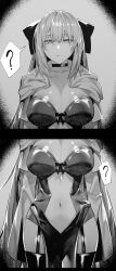 Rule 34 | 1girl, ?, absurdres, bow, breasts, choker, cleavage, clothing cutout, collarbone, fate/grand order, fate (series), garter straps, hair bow, highres, hxd, jitome, large breasts, long hair, looking at viewer, midriff, monochrome, morgan le fay (fate), navel, navel cutout, pelvic curtain, speech bubble, stomach, stomach cutout, thighhighs