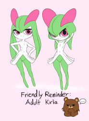 Rule 34 | ..., 1boy, 1girl, animal ears, armpits, arms up, bear ears, black eyes, breasts, character name, collarbone, confused, creatures (company), english text, flat chest, full body, game freak, gen 3 pokemon, green hair, half-closed eyes, hands on own hips, kirlia, looking at viewer, mrploxykun, multiple views, navel, nintendo, no pussy, pedobear, pink background, pink eyes, pokemon, pokemon (creature), pokemon rse, simple background, smile, standing, text focus