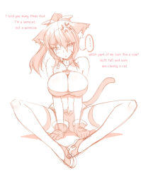 Rule 34 | 1girl, anger vein, animal ears, blush, breasts, butter-t, cat ears, cat tail, cleavage, large breasts, monochrome, simple background, solo, tail, white background
