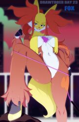 Rule 34 | 1girl, animal ear fluff, animal ears, animal nose, arm at side, artist name, black fur, blurry, blurry background, blush, body fur, breasts, breasts apart, clenched hand, collarbone, creatures (company), dated, delphox, english text, female focus, fox ears, fox girl, fox tail, furry, furry female, game freak, gen 6 pokemon, grin, half-closed eyes, hand up, happy, high heels, highres, holding, inktober, jump rope, large breasts, leg up, legs, light blush, long hair, looking at viewer, multicolored fur, navel, nintendo, no pussy, outdoors, peach-cup, pokemon, pokemon (creature), purple eyes, railing, red fur, red hair, rooftop, shoes, signature, skindentation, smile, solo, standing, stomach, tail, teeth, thighs, underlighting, v-shaped eyebrows, white fur, wide hips, yellow footwear, yellow fur