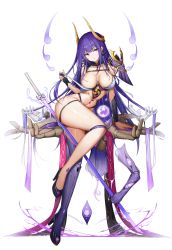 Rule 34 | 1girl, absurdres, blunt bangs, breasts, bridal gauntlets, cleavage, commentary request, disembodied hand, full body, genshin impact, hair ornament, highres, holding, holding sword, holding weapon, kiriko (araragikoyomi), large breasts, legs, long hair, navel, purple eyes, purple hair, raiden shogun, raiden shogun (magatsu mitake narukami no mikoto), shoes, simple background, solo, sword, thighs, very long hair, weapon, white background