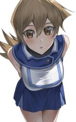 Rule 34 | 1girl, :o, arms behind back, bare shoulders, blue skirt, blush, breasts, brown eyes, brown hair, duel academy uniform (yu-gi-oh! gx), hair between eyes, highres, jacket, large breasts, long hair, looking at viewer, miniskirt, rourou ill, simple background, skirt, sleeveless, solo, tenjouin asuka, very long hair, white background, white jacket, yu-gi-oh!, yu-gi-oh! gx