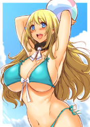 Rule 34 | 1girl, :d, aqua bikini, armpits, arms behind head, arms up, atago (kancolle), ball, beachball, bikini, blonde hair, blue eyes, blue sky, blush, breasts, bright pupils, cleavage, cloud, cloudy sky, day, highres, huge breasts, kantai collection, long hair, navel, open mouth, outdoors, side-tie bikini bottom, sky, smile, solo, swimsuit, white pupils, whoosaku