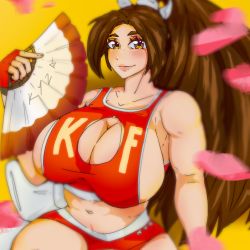 Rule 34 | 1girl, breasts, brown hair, cleavage, cleavage cutout, clothing cutout, copyright name, fatal fury, highres, huge breasts, long hair, midriff, navel, ponytail, shiranui mai, solo, the king of fighters, yellow eyes