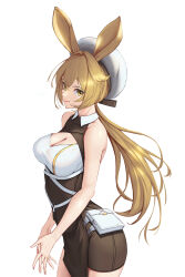 Rule 34 | 1girl, animal ears, arknights, bare shoulders, bike shorts, blonde hair, bowlp, breasts, cleavage, cleavage cutout, clothing cutout, cowboy shot, dorothy (arknights), green eyes, highres, large breasts, long hair, low ponytail, medium breasts, mouse ears, mouse girl, own hands together, sleeveless, solo, white background, white headwear, yellow eyes
