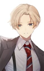 Rule 34 | 1boy, blonde hair, blue eyes, collared shirt, grey jacket, hatake usagi, highres, holostars, jacket, kishido temma, looking at viewer, male focus, necktie, official alternate costume, open clothes, open jacket, parted bangs, parted lips, red necktie, shirt, short hair, simple background, smile, solo, striped necktie, suit jacket, suspenders, upper body, virtual youtuber, white background, white shirt