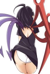 Rule 34 | 1girl, ahoge, ass, asymmetrical wings, back, back cutout, black dress, black hair, clothes lift, clothing cutout, dress, dress lift, from behind, houjuu nue, kamukamu (ars), panties, pointy ears, short hair, short sleeves, simple background, solo, touhou, underwear, white background, white panties, wings