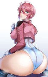 Rule 34 | 1girl, ass, blue background, blush, breasts, commentary, commentary request, feldt grace, from behind, gloves, gradient background, green eyes, gundam, gundam 00, huge ass, jacket, kumakichi (cost-lost), looking at viewer, looking back, medium breasts, parted lips, red hair, short hair, solo, thick thighs, thighs, white gloves