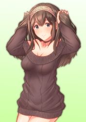 Rule 34 | 10s, 1girl, absurdres, arms up, bare shoulders, blue eyes, blush, bow, breasts, brown hair, brown sweater, choker, cleavage, collarbone, commentary request, gradient background, green background, hair between eyes, hairband, highres, holding, holding hair, idolmaster, idolmaster cinderella girls, keffiy, long hair, looking at viewer, medium breasts, off shoulder, ribbed sweater, sagisawa fumika, smile, solo, sweater, thighs, twintails