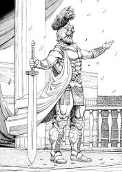 Rule 34 | 1boy, armor, breastplate, cape, column, commentary, covered face, english commentary, gladiator, gorget, greco-roman clothes, greyscale, helmet, highres, holding, holding sword, holding weapon, long sword, male focus, armored boots, monochrome, original, outdoors, pelvic curtain, petals, pillar, plume, roman clothes, solo, sword, vambraces, weapon, y naf