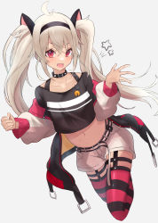 Rule 34 | 1girl, :d, ahoge, amaton707, animal collar, animal ears, black collar, black hairband, black shirt, black thighhighs, blush, cat ears, clenched hand, collar, crop top, fangs, hair between eyes, hairband, highleg, highleg panties, highres, jacket, long hair, matsukai mao, midriff, navel, nijisanji, off-shoulder shirt, off shoulder, open mouth, outstretched hand, panties, red eyes, red thighhighs, shirt, shorts, sidelocks, skindentation, smile, solo, stomach, striped clothes, striped thighhighs, studded collar, thighhighs, twintails, two-tone legwear, underwear, v-shaped eyebrows, virtual youtuber, white hair, white shorts