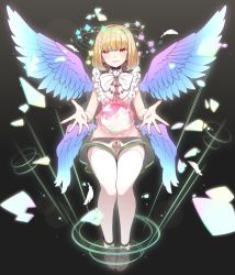 Rule 34 | 1boy, beatmania, beatmania iidx, bemani, black background, blonde hair, blunt bangs, commentary, earrings, eyes visible through hair, feathered wings, full body, highres, jewelry, kinakomoti, light smile, lock, looking at viewer, male focus, medium hair, multicolored wings, multiple wings, nail polish, outstretched arms, parted lips, rche (beatmania), red eyes, red nails, short shorts, shorts, simple background, sleeveless, solo, thighhighs, trap, white thighhighs, wings
