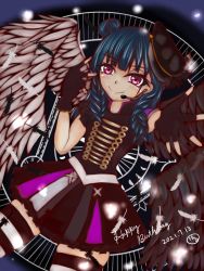 Rule 34 | 1girl, alternate hairstyle, artist name, artist request, asymmetrical wings, band uniform, belt, black feathers, black gloves, black hat, black legwear, black shirt, black skirt, black wings, blue hair, blush, braid, breasts, collared shirt, epaulettes, feathers, female focus, fingerless gloves, frilled sleeves, frills, gloves, hair bun, hat, in the unstabe world, in the unstabe world (love live!), long hair, looking at viewer, love live!, love live! school idol festival, love live! sunshine!!, mini hat, miniskirt, mismatched wings, nail, nail polish, parted lips, pink eyes, pink nails, plaid, plaid skirt, pleated, pleated skirt, purple eyes, purple skirt, reaching, reaching towards viewer, shirt, short sleeves, shoulder pads, side bun, single hair bun, skirt, small breasts, smile, solo, striped legwear, tsushima yoshiko, twin braids, white belt, white feathers, white legwear, white wings, wings