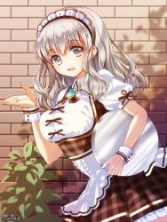 Rule 34 | 1girl, :d, anna miller, apron, grey eyes, grey hair, maid apron, maid headdress, open mouth, psychic hearts, smile, solo, tray, waitress, wrist cuffs
