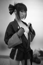 Rule 34 | aihara makoto, bow, bra, cosplay, gloves, hair bow, highres, kabi, lingerie, monochrome, open gi, photo (medium), rumble roses, the black belt demon, underwear