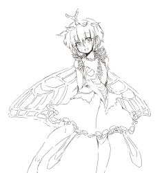 Rule 34 | 1girl, antennae, blush, butterfly wings, dress, eternity larva, fairy, feet out of frame, greyscale, hair between eyes, highres, insect wings, leaf, leaf on head, monochrome, monyomoke, open mouth, short hair, short sleeves, simple background, smile, solo, touhou, white background, wings