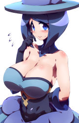 Rule 34 | 10s, 1girl, arm behind back, bare shoulders, battle chatelaine, blue eyes, blue hair, breasts, cleavage, creatures (company), evelyn (pokemon), flying sweatdrops, game freak, gloves, hat, huge breasts, matching hair/eyes, nervous, nintendo, no bra, npc trainer, pokemon, pokemon xy, short hair, solo, tokyo (great akuta)