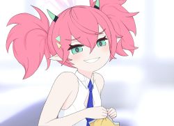 Rule 34 | 1girl, bag, bag of chips, bare shoulders, blue archive, blue necktie, blurry, blurry background, cleavage cutout, clothing cutout, collared dress, dress, green eyes, grin, hair ornament, halo, highres, holding, holding bag, horns, kutsusama, light blush, looking at viewer, momoka (blue archive), necktie, pink hair, pointy ears, sidelocks, sleeveless, sleeveless dress, smile, smug, solo, teeth, white dress