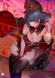 Rule 34 | 1girl, akasaai, bare shoulders, black gloves, black hat, black thighhighs, blue eyes, blue hair, blush, breasts, capelet, cleavage, closed mouth, cover, cover page, cowboy shot, dutch angle, falling petals, garter straps, gloves, groin, hat, highres, kadokawa, large breasts, looking at viewer, mole, mole under eye, petals, rose petals, short hair, smile, solo, sunset, swept bangs, thighhighs, thighs, watermark, wind