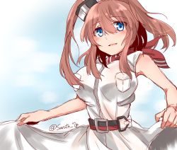 Rule 34 | blue background, blue eyes, breast pocket, breasts, brown hair, clothes lift, cowboy shot, dress, dress lift, highres, kantai collection, kuuya (ayahata43), large breasts, lifting own clothes, neckerchief, pocket, ponytail, red legwear, red neckerchief, saratoga (kancolle), side ponytail, sidelocks, smokestack, twitter username, white dress