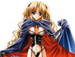 Rule 34 | 00s, 1girl, blonde hair, breasts, bustier, cape, carnelian, cleavage, elbow gloves, garter straps, glasses, gloves, green eyes, highres, lingerie, long hair, navel, panties, ritsuko (yamibou), side-tie panties, solo, tattoo, touka gettan, underwear, wallpaper, yami to boushi to hon no tabibito
