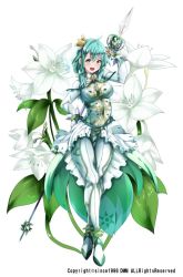 Rule 34 | 1girl, alp, anklet, aqua hair, blush, bodysuit, crossed legs, crown, eucharis (flower knight girl), flower, flower knight girl, frills, full body, gloves, green eyes, hand on own hip, jewelry, looking at viewer, mini crown, name connection, object namesake, official art, polearm, short hair, short twintails, smile, solo, spear, standing, twintails, watson cross, weapon, white gloves, wide hips