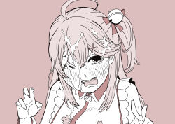Rule 34 | 1girl, absurdres, ahoge, blush, breasts, crying, cum, cum in mouth, cum on hair, cumdrip, double v, facial, hair ornament, highres, hololive, large breasts, long hair, looking at viewer, one eye closed, ponytail, sakura miko, sakura miko (1st costume), senaka (kamemusikiller0723), smile, solo, v, virtual youtuber