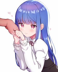 Rule 34 | 1girl, absurdres, blue hair, blunt bangs, blush, heart, highres, holding hands, idolmaster, idolmaster cinderella girls, long hair, long sleeves, neginoki, puffy sleeves, red eyes, red ribbon, ribbon, sajo yukimi, simple background, size difference, smile, solo focus, upper body, white background