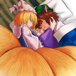 Rule 34 | 2girls, animal ears, bad id, bad pixiv id, blonde hair, brown hair, cat ears, cat girl, cat tail, chen, earrings, closed eyes, female focus, fox tail, fumei (mugendai), futon, holding hands, hat, head hold, jewelry, multiple girls, multiple tails, pillow, short hair, sleeping, smile, tail, touhou, tsurime, yakumo ran, yellow eyes