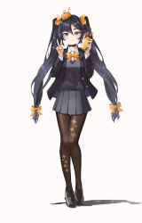 Rule 34 | 1girl, absurdres, alternate costume, aqua eyes, black choker, black footwear, black hair, black jacket, bow, bowtie, brown pantyhose, choker, closed mouth, collared shirt, cup, drinking straw, full body, genshin impact, grey skirt, hair bow, hands up, highres, holding, holding cup, jacket, loafers, long hair, long sleeves, looking at viewer, marks (dmhunsu10), mona (genshin impact), open clothes, open jacket, pantyhose, school uniform, shirt, shoes, simple background, skirt, smile, solo, sparkle print, standing, twintails, v, white background, white shirt, yellow bow, yellow bowtie