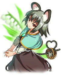 Rule 34 | 1girl, animal ears, basket, capelet, dress, flower, gem, grey dress, grey hair, heart, heart tail, jewelry, jonylaser, lily (flower), mouse (animal), mouse ears, mouse tail, nazrin, necklace, pendant, red eyes, solo, tail, touhou