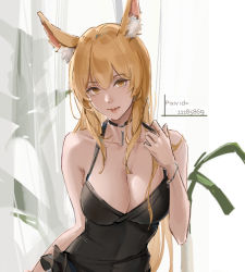 Rule 34 | 1girl, animal ear fluff, warrior of light (ff14), bad id, bad pixiv id, bare arms, black dress, blonde hair, bracelet, breasts, cleavage, closed mouth, collarbone, dress, final fantasy, final fantasy xiv, hair between eyes, jewelry, large breasts, long hair, looking at viewer, rifu (643763873), sketch, sleeveless, sleeveless dress, solo, upper body, yellow eyes