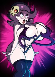 Rule 34 | 1girl, :o, arm at side, bare arms, bare shoulders, big hair, black background, black one-piece swimsuit, black thighhighs, breasts, cleavage, constricted pupils, creatures (company), curvy, duskull, eyes visible through hair, feet out of frame, game freak, gen 3 pokemon, ghost, glasses, grabbing, grabbing another&#039;s breast, green eyes, grimphantom, groin, groping, hair ornament, highres, huge breasts, knees together feet apart, navel, nintendo, one-piece swimsuit, open mouth, pink-framed eyewear, pink background, pokemon, pokemon (creature), pokemon sm, purple hair, red eyes, shiny skin, short hair, skindentation, skull, slingshot swimsuit, strap gap, surprised, swimsuit, thighhighs, thighs, tongue, wicke (pokemon), wide hips