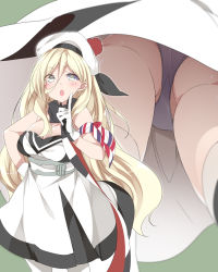 Rule 34 | 1girl, :o, armband, bare shoulders, beret, blonde hair, breasts, commentary request, gloves, green background, grey panties, hat, highres, kantai collection, large breasts, long hair, mole, mole under eye, mtu (orewamuzituda), multicolored clothes, multicolored gloves, multiple views, open mouth, panties, pom pom (clothes), richelieu (kancolle), simple background, thighhighs, underwear, upskirt, v-shaped eyebrows, white hat, white thighhighs, yellow eyes