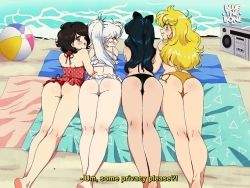 Rule 34 | 1980s (style), 4girls, ass, beach volleyball, bikini, black hair, blake belladonna, bluethebone, boombox, bow, english text, frown, hair bow, long hair, looking back, multiple girls, oldschool, ponytail, radio, retro artstyle, ruby rose, rwby, short hair, side ponytail, swimsuit, weiss schnee, white hair, yang xiao long