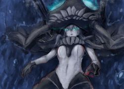 Rule 34 | 10s, 1girl, abyssal ship, aqua eyes, black cape, black gloves, bodysuit, breasts, cape, colored skin, commentary request, gloves, glowing, glowing eyes, grey hair, hair between eyes, hat, headgear, kantai collection, long hair, looking at viewer, mirino, open mouth, small breasts, solo, teeth, tentacles, turret, white skin, wo-class aircraft carrier