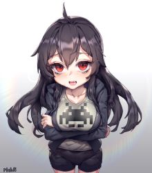 Rule 34 | 1girl, ahoge, artist name, bags under eyes, black hair, black shorts, blush, breasts, collarbone, copyright request, cowboy shot, crossed arms, empty eyes, highres, hood, hoodie, large breasts, long hair, looking at viewer, muloli, open clothes, open hoodie, open mouth, red eyes, saliva, shirt, short shorts, shorts, signature, solo, space invaders, standing, t-shirt, teeth, yandere