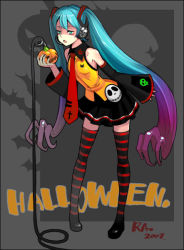 Rule 34 | 00s, 1girl, 2007, :o, alphonse (white datura), alternate color, aqua eyes, aqua hair, bad id, bad pixiv id, bare shoulders, breasts, detached sleeves, food, fruit, gradient hair, halloween, hatsune miku, headset, holding, legs, long hair, multicolored hair, necktie, orange (fruit), orange theme, patterned legwear, prehensile hair, purple hair, signature, skirt, small breasts, solo, striped clothes, striped thighhighs, thighhighs, very long hair, vocaloid