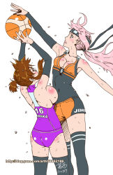 Rule 34 | 2girls, artist request, ball, basketball, block (object), breasts, brown eyes, brown hair, character request, copyright request, headband, large breasts, multiple girls, pink hair, playing sports, source request