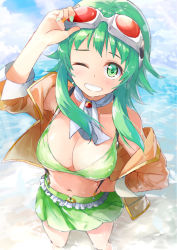 Rule 34 | 1girl, beach, blue sky, blush, bra, breasts, cleavage, cloud, cloudy sky, commentary, daidou (demitasse), day, feet out of frame, goggles, goggles on head, green bra, green eyes, green hair, green skirt, gumi, hand on goggles, hand on own hip, highres, jacket, looking at viewer, medium breasts, nail polish, navel, ocean, one eye closed, orange jacket, outdoors, red-tinted eyewear, sand, short hair with long locks, skirt, sky, smile, solo, standing, tinted eyewear, underwear, vocaloid, water drop, wet
