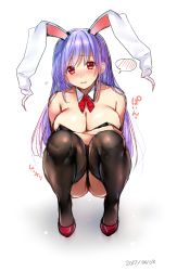 Rule 34 | 1girl, absurdres, animal ears, bad id, bad twitter id, bare shoulders, black thighhighs, breasts, cleavage, dated, detached collar, flying sweatdrops, full body, highres, large breasts, leotard, long hair, looking at viewer, playboy bunny, rabbit ears, rabbit girl, red footwear, reisen udongein inaba, shoes, simple background, sketch, solo, spoken blush, squatting, thighhighs, touhou, tsukiriran, wavy mouth, white background