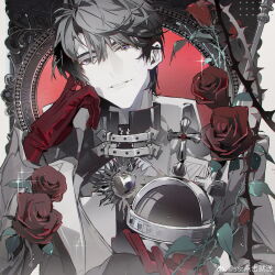 Rule 34 | 1boy, absurdres, collared jacket, cross, curtained hair, flower, globus cruciger, gloves, greyscale, hair between eyes, head rest, highres, holding orb, jacket, leaf, li zeyan, light particles, long sleeves, looking at viewer, love and producer, male focus, monochrome, official art, open clothes, open jacket, parted lips, partially unbuttoned, purple eyes, red flower, red gloves, red rose, rose, shirt, short hair, smile, solo, spot color, ssr dianji jiu song, sun symbol, thorns, throne, weibo logo, weibo watermark